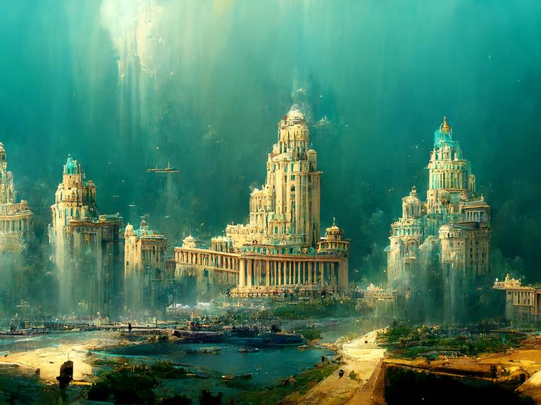 Malerische Illustration vom Mythos der untergegangenen Stadt Atlantis.