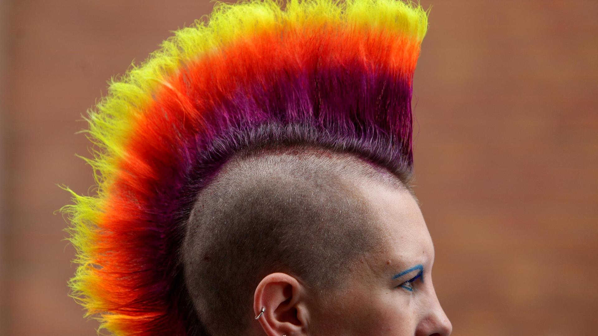 Ein Punk mit Irokesenschnitt in den Farben Lila, Rot und Gelb. Ein Punk mit Irokesenschnitt in den Farben Lila, Rot und Gelb.