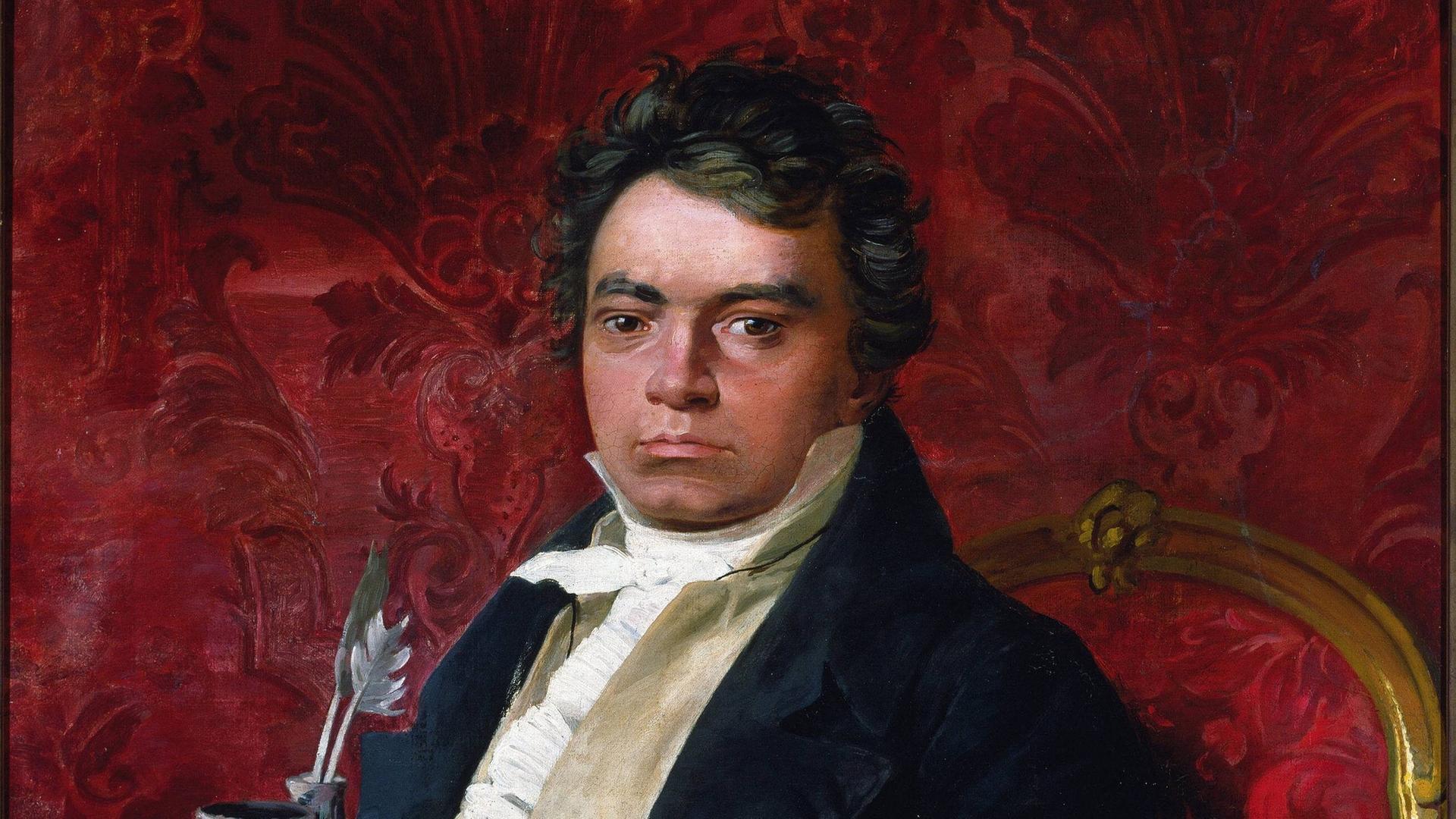 Gemälde eines anonymen Malers um 1900, der Beethoven vor einem Feuerrotem Hintergrund in einem goldenen Sessel zeigt, von Schreibutensilien umgeben. Gemälde eines anonymen Malers um 1900, der Beethoven vor einem Feuerrotem Hintergrund in einem goldenen Sessel zeigt, von Schreibutensilien umgeben.