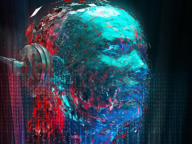 Ein in blauer Farbe nachgebildeter männlicher Kopf mit einem Kopfhörer, schaut verträumt mit geschlossenen Augen.