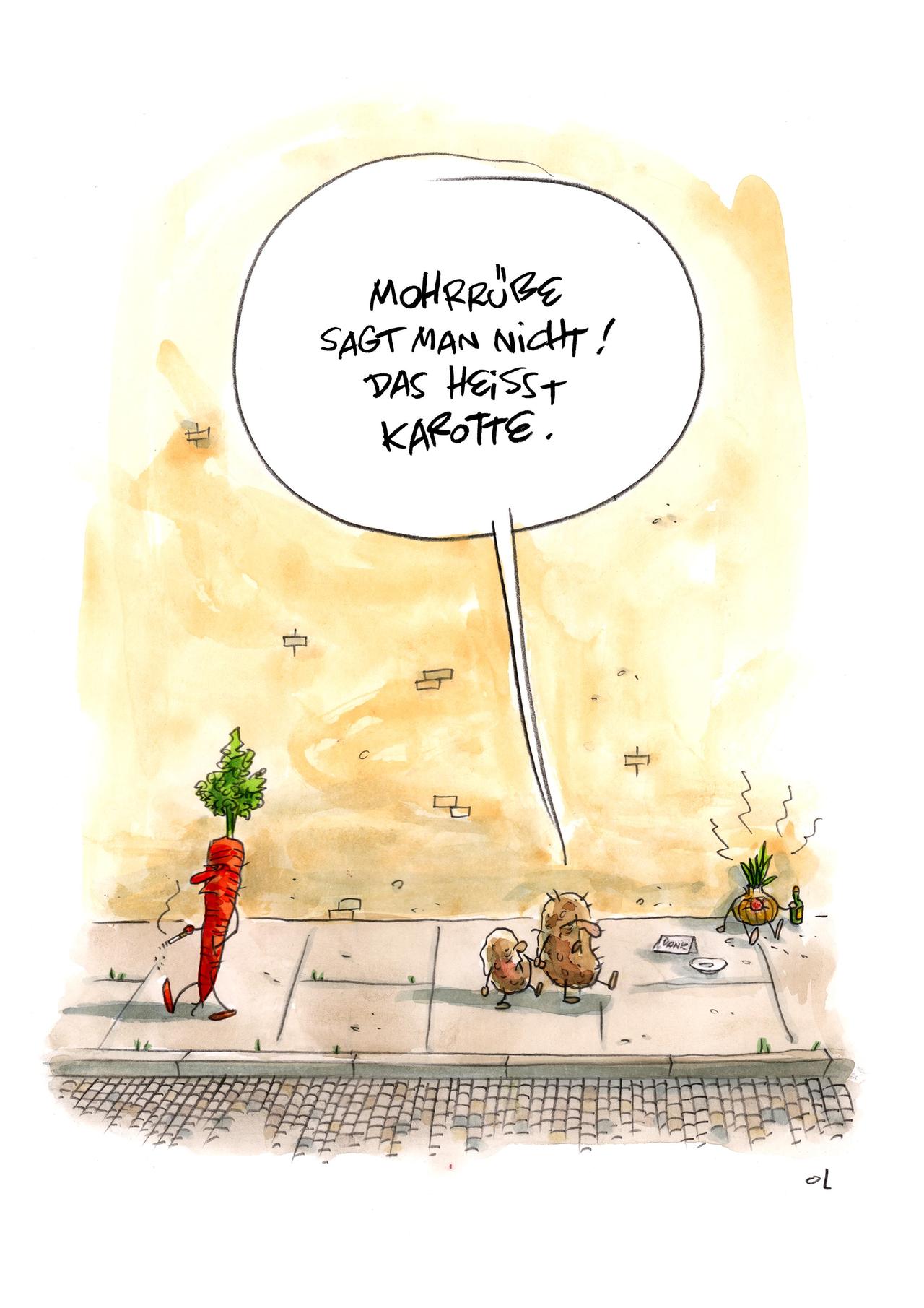 Die Karikatur "M-Wort" von Olaf Schwarzbach zeigt eine große und eine kleine Kartoffel, die auf der Straße an einer Karotte vorbeigehen. Die große Kartoffel weist die kleine zurecht: "Mohrrübe sagt man nicht! Das heißt Karotte."