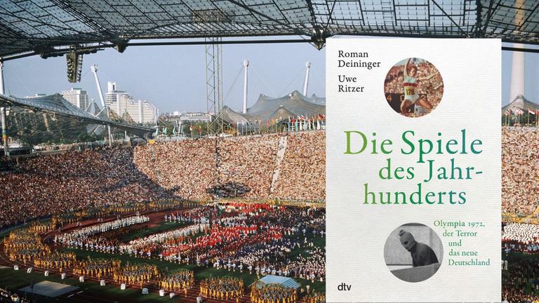 Das Cover von Roman Deininger, Uwe Ritzer: „Die Spiele des Jahrhunderts. Olympia 1972, der Terror und das neue Deutschland“ vor der Eröffnungskulisse der Olympischen Spiele 1972 in München Das Cover von Roman Deininger, Uwe Ritzer: „Die Spiele des Jahrhunderts. Olympia 1972, der Terror und das neue Deutschland“ vor der Eröffnungskulisse der Olympischen Spiele 1972 in München