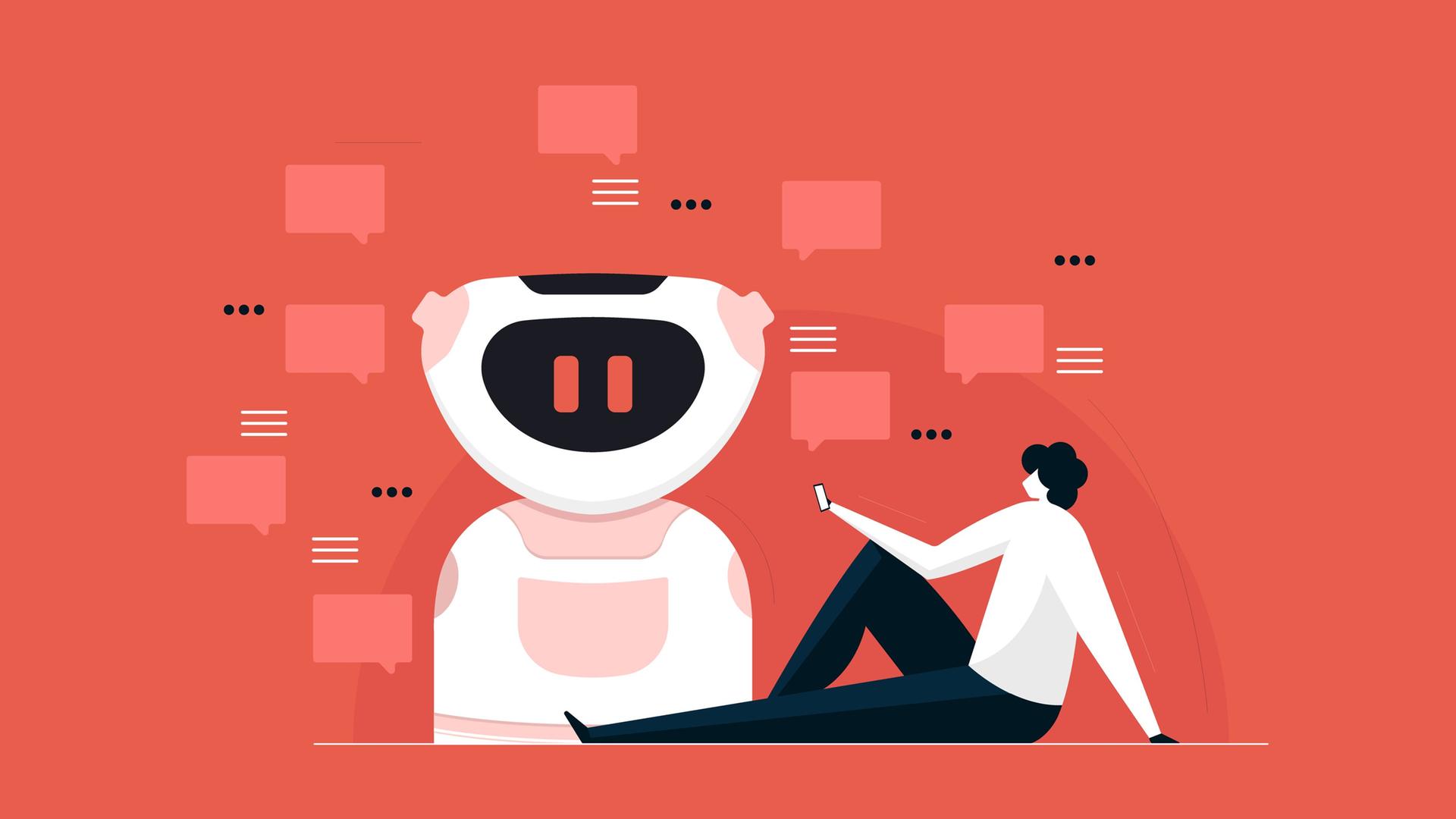 Illustration: Ein Mensch mit Smartphone in der Hand chattet mit einem KI Roboter. Illustration: Ein Mensch mit Smartphone in der Hand chattet mit einem KI Roboter.