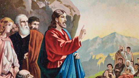 Die Bergpredigt, überlieferte Rede des Jesus von Nazareth im Matthäusevangelium, Chromolithographie aus einer Hausbibel, ca. 1870.
