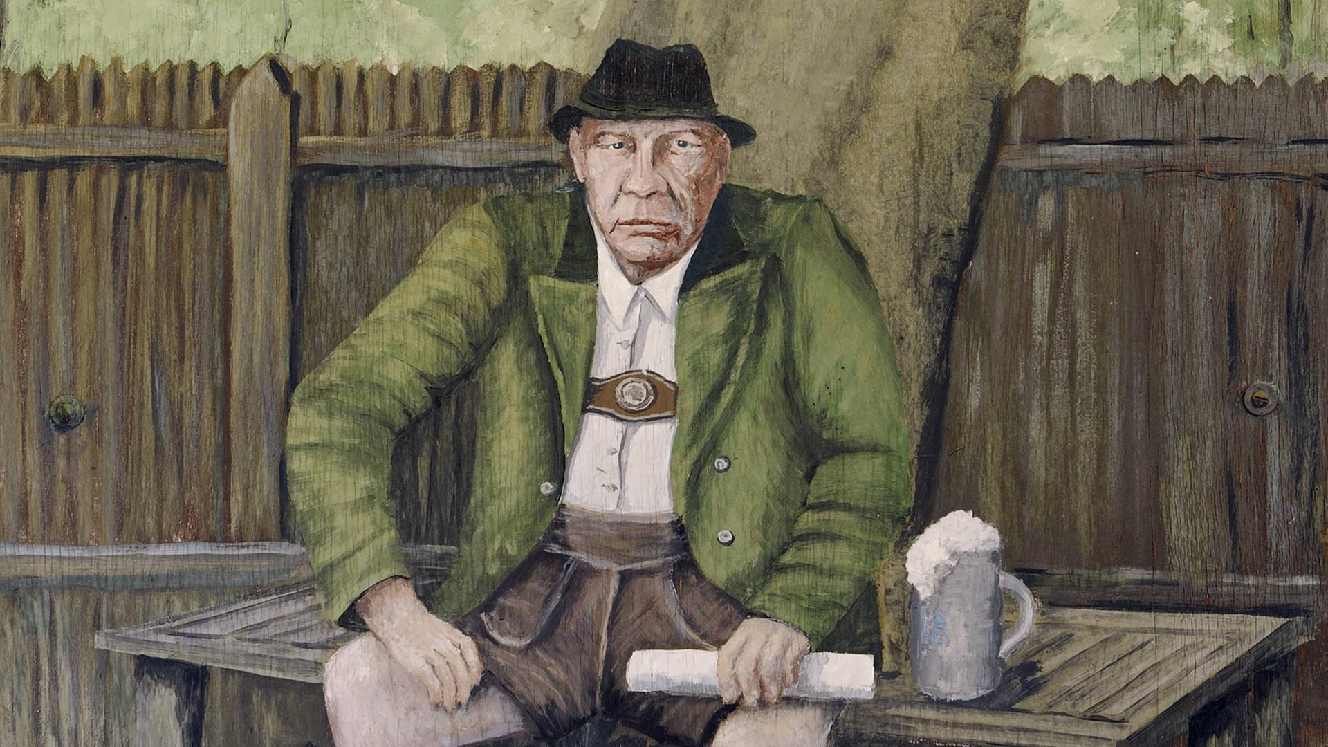 Der Schriftsteller Oskar Maria Graf: Porträt auf einem Wandbild bei seinem Geburtshaus in Berg, Oberbayern