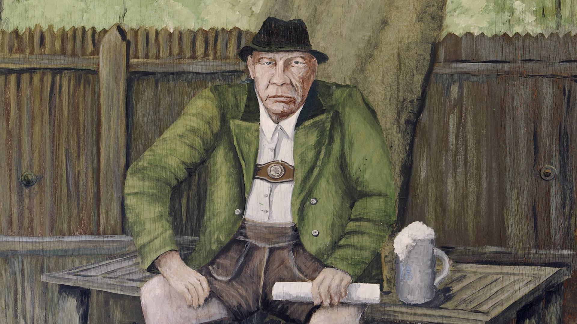 Der Schriftsteller Oskar Maria Graf: Porträt auf einem Wandbild bei seinem Geburtshaus in Berg, Oberbayern Der Schriftsteller Oskar Maria Graf: Porträt auf einem Wandbild bei seinem Geburtshaus in Berg, Oberbayern