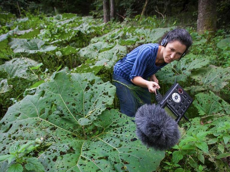 Die Klangkünstlerin Clara Oppel streicht mit Aufnahmegerät und Mikrophon durch ein grünes Pflanzendickicht auf der Suche nach interessanten Klängen