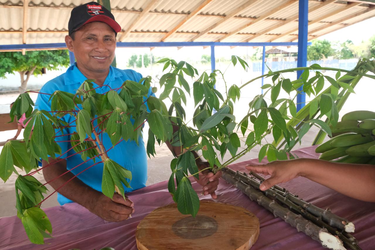 Porträt eines Indigenen in Brasilien mit einer Pflanze in der Hand