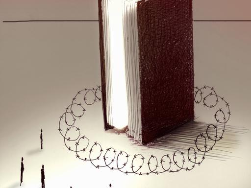 Illustration eines Buches, das von Stacheldraht abgesperrt ist. Darum ringen sich Menschen.
