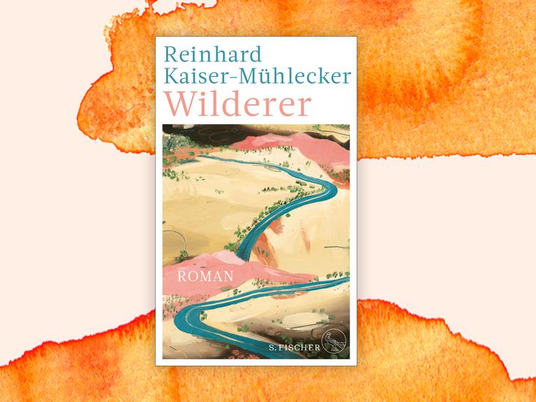 Das Buchcover von Reinhard Kaiser-Mühleckers Roman "Wilderer" zeigt eine blaue Straße, die sich durch eine hügelige Landschaft windet, hier eingebettet in ein Aquarell mit abstrakten orangen Flächen.