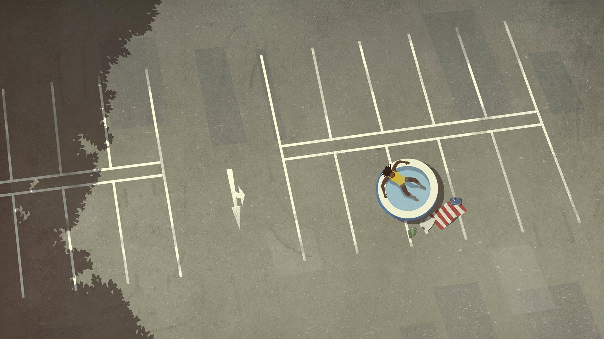 Illustration Luftaufnahme, Frau liegt in einem kleinen aufblasbaren Planschbecken auf einem grau betonierten Parkplatz.