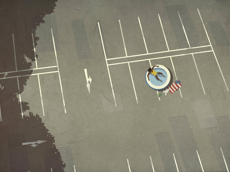 Illustration Luftaufnahme, Frau liegt in einem kleinen aufblasbaren Planschbecken auf einem grau betonierten Parkplatz.