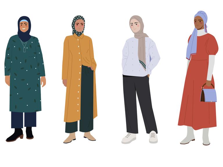 Illustration: Eine Reihe von unterschiedlichen muslimischen Frauen, in traditioneller Freizeitkleidung und Kopfbedeckung.
