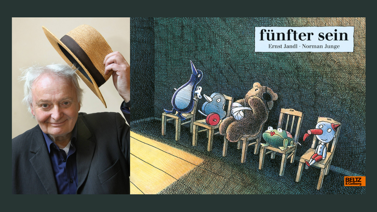 Ein Portrait des Künstlers und Bilderbuchillustrators Norman Junge und das Cover von "fünfter sein" Ein Portrait des Künstlers und Bilderbuchillustrators Norman Junge und das Cover von "fünfter sein"