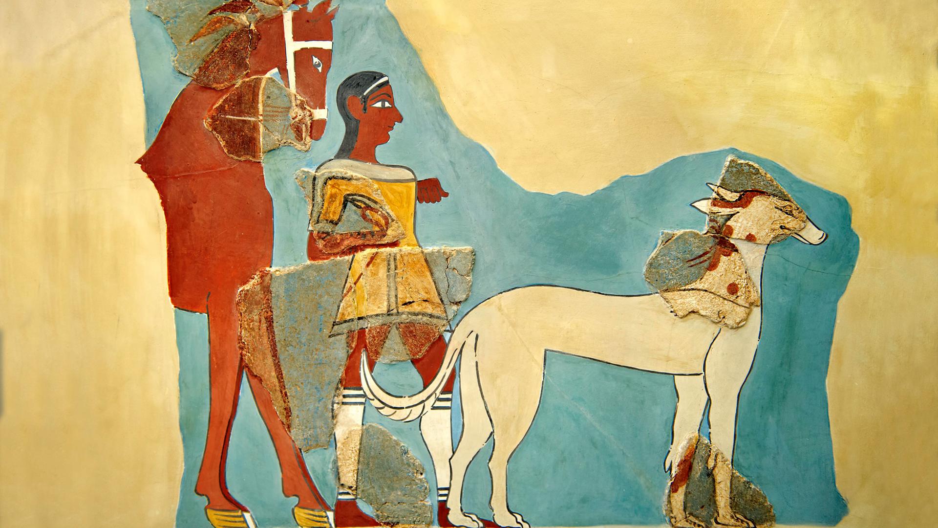 Mykenisches Fresko aus Tiryns (13.-14. Jahrhundert v. Chr.), Archäologisches Nationalmuseum, Athen. Mykenisches Fresko aus Tiryns (13.-14. Jahrhundert v. Chr.), Archäologisches Nationalmuseum, Athen.