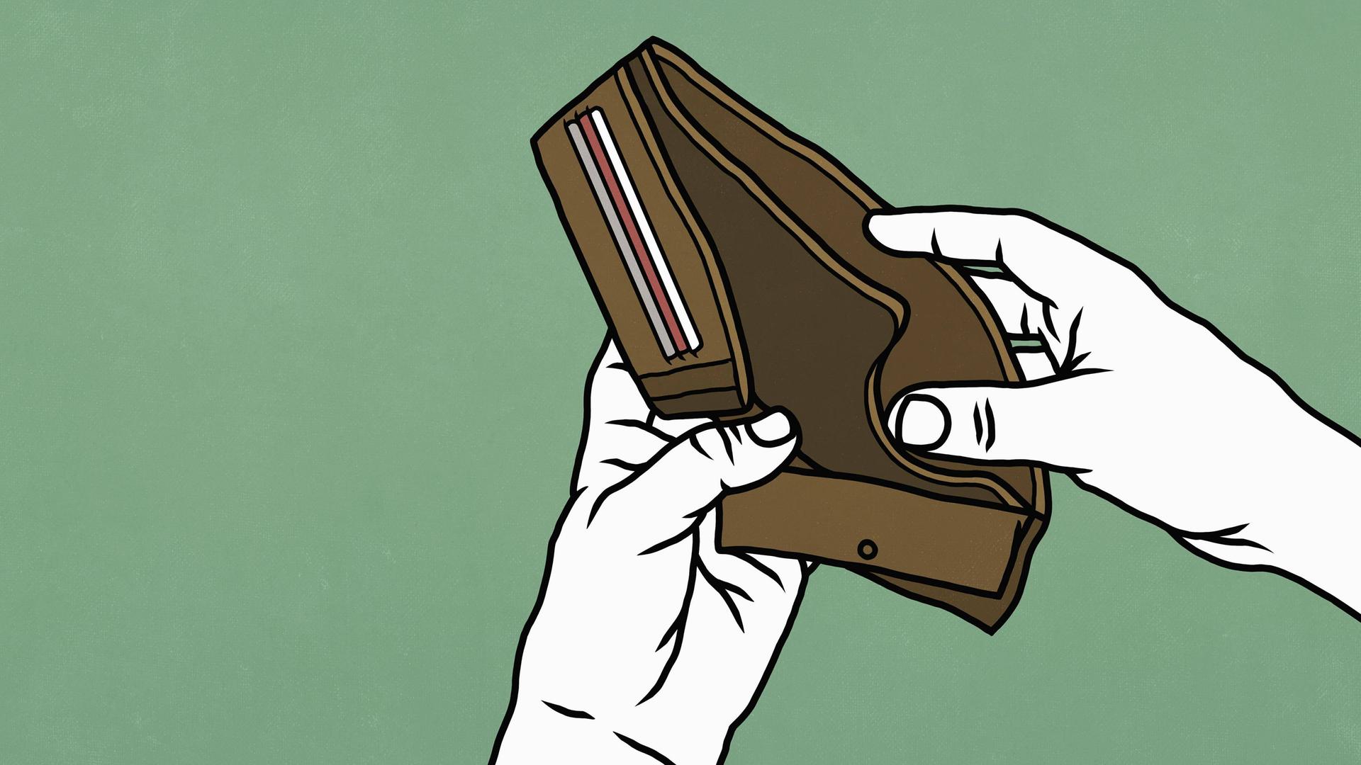 Illustration zeigt Hände mit einer geöffneten aber leeren Geldbörse. Illustration zeigt Hände mit einer geöffneten aber leeren Geldbörse.