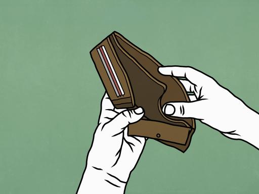 Illustration zeigt Hände mit einer geöffneten aber leeren Geldbörse.