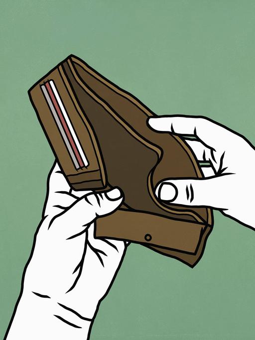 Illustration zeigt Hände mit einer geöffneten aber leeren Geldbörse.