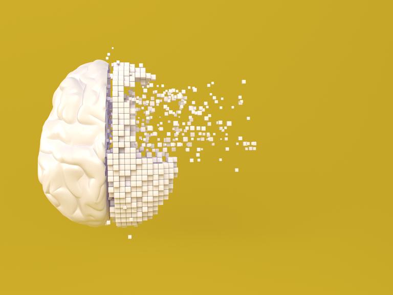 Illustration eines Gehirns auf gelbem Grund, dessen rechte Hälfte sich in weißen Pixeln auflöst.