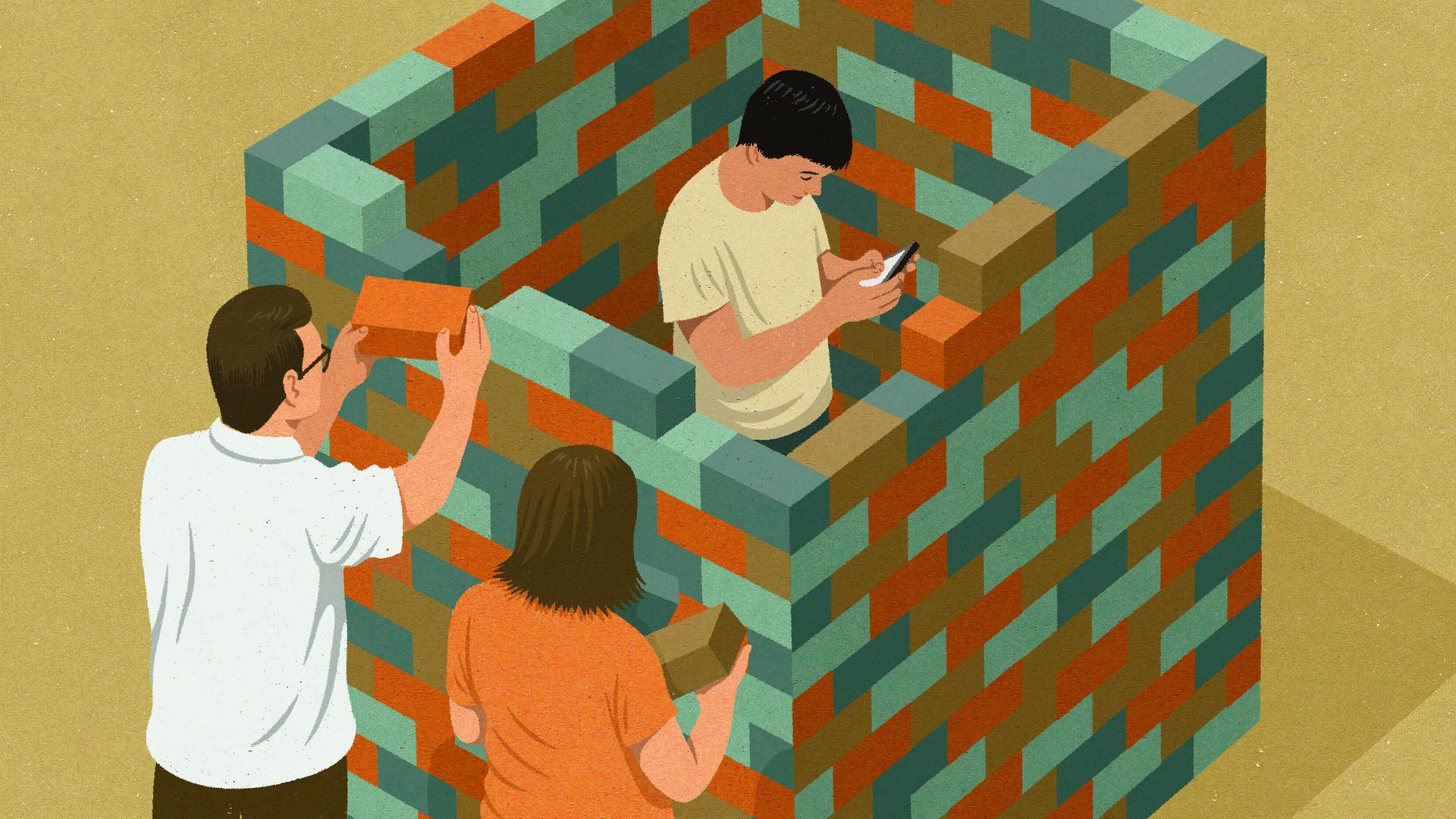Illustration: Eltern stehen vor einer quadratisch geformten Backsteinmauer, die Ihren Sohn umringt. Dieser schaut widerum gebannt auf sein Handy. 