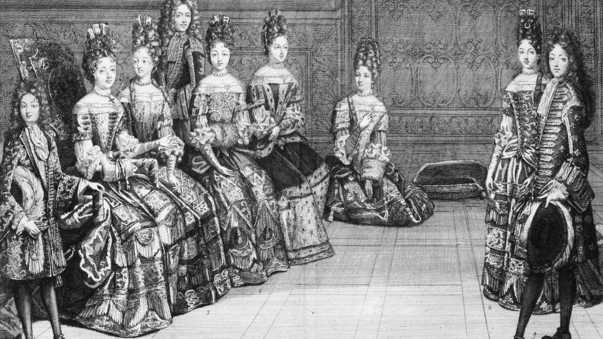 Liselotte von der Pfalz (links im Bild) am Hof mit ihren Kindern. Kupferstich von 1696. Liselotte von der Pfalz (links im Bild) am Hof mit ihren Kindern. Kupferstich von 1696.