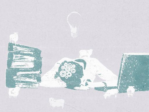 Illustration: Erschöpfte Frau schläft vor ihrem Laptop.