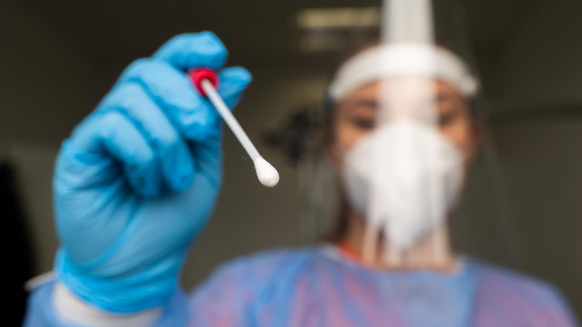 Eine Frau in blauer Schutzkleidung und blauen Gummihandschuhen hält ein Teststäbchen in die Kamera. Eine Frau in blauer Schutzkleidung und blauen Gummihandschuhen hält ein Teststäbchen in die Kamera.