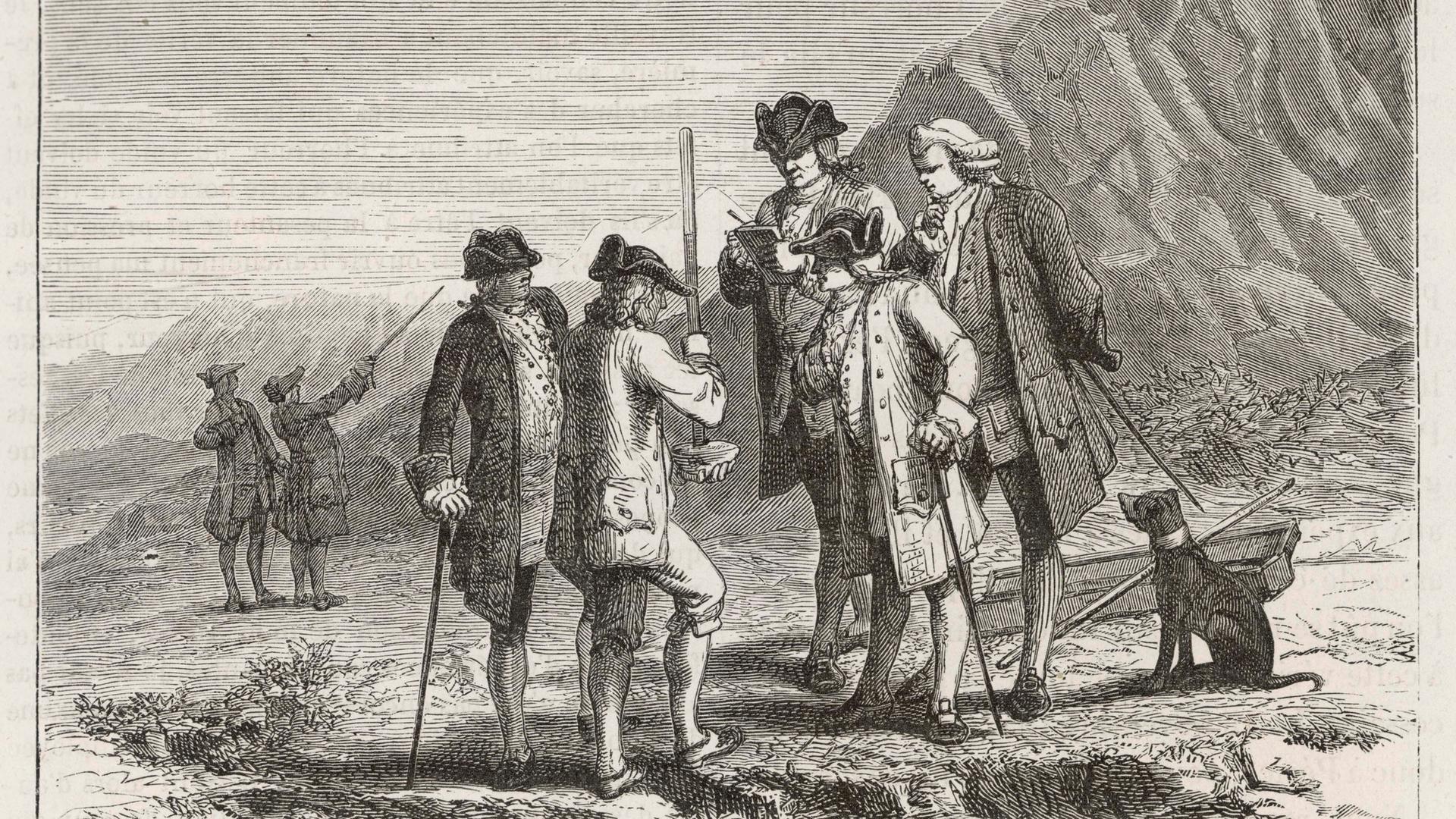 Florin Périer, Schwager von Blaise Pascal beim Experimentieren mit Evangelista Torricelli auf dem Gipfel des Puy de Dome am 19. September 1648. Florin Périer, Schwager von Blaise Pascal beim Experimentieren mit Evangelista Torricelli auf dem Gipfel des Puy de Dome am 19. September 1648.