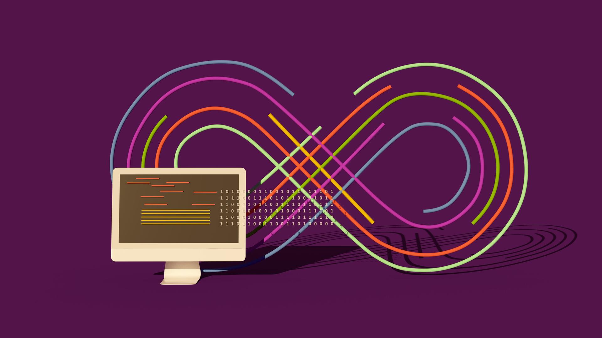 Illustration eines Computers mit einem Unendlichkeitssymbol im Hintergrund vor einem violetten Hintergrund. Illustration eines Computers mit einem Unendlichkeitssymbol im Hintergrund vor einem violetten Hintergrund.