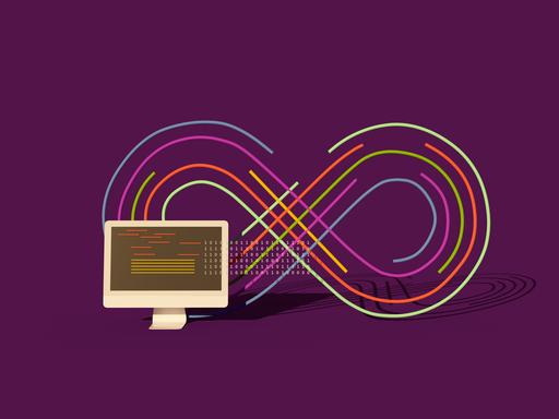 Illustration eines Computers mit einem Unendlichkeitssymbol im Hintergrund vor einem violetten Hintergrund.