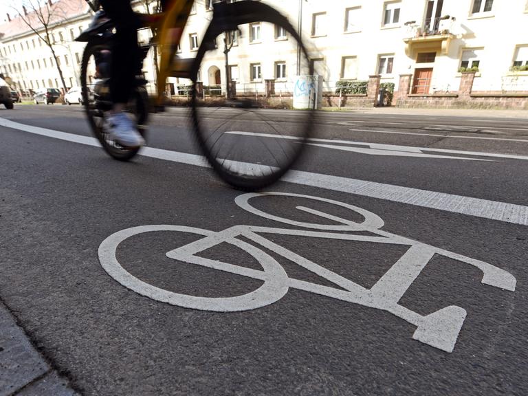 In der Karlsruher Innenstadt fährt ein Radfahrer auf einem Fahrradstreifen. 