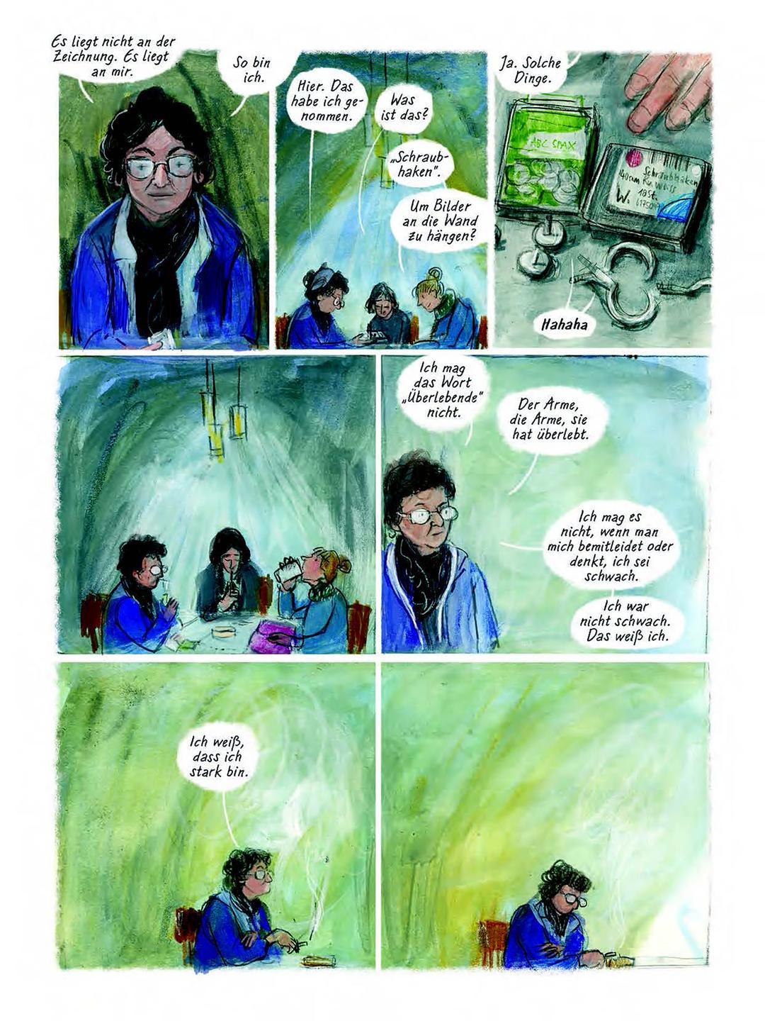 Eine Seite aus einer Graphic Novel. Sie zeigt Zeichnungen und Text von Barbara Yelin, die die Geschichte der Holocaustüberlebenden Emmie Arbel erzählt. Eine Seite aus einer Graphic Novel. Sie zeigt Zeichnungen und Text von Barbara Yelin, die die Geschichte der Holocaustüberlebenden Emmie Arbel erzählt.