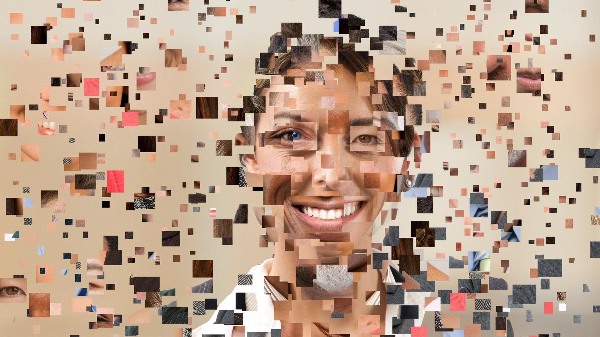 Collage aus verschieden großen Pixeln mit den Abbildungen menschlicher Merkmale unterschiedlichster Personen, die ein neues menschliches Gesicht Antlitz. Collage aus verschieden großen Pixeln mit den Abbildungen menschlicher Merkmale unterschiedlichster Personen, die ein neues menschliches Gesicht Antlitz.