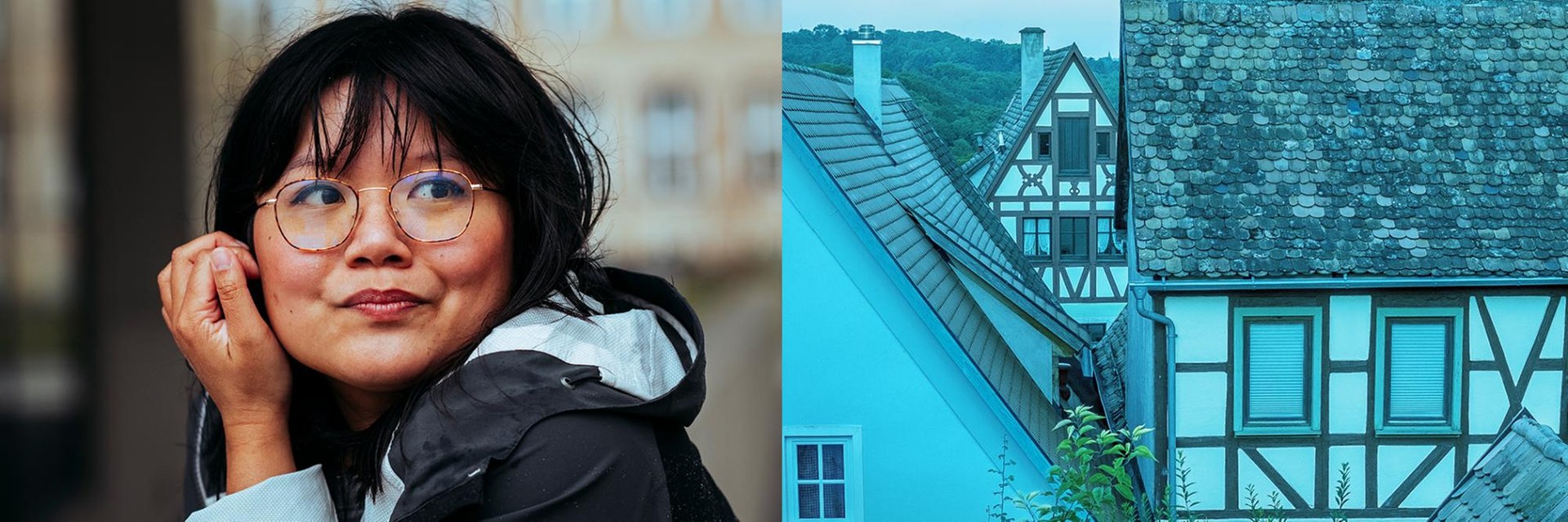 Das Logo des Podcasts "Auf Heimatsuche" zeigt die Autorin Anh Tran in einer Bildcollage mit einem Fachwerkhaus Das Logo des Podcasts "Auf Heimatsuche" zeigt die Autorin Anh Tran in einer Bildcollage mit einem Fachwerkhaus