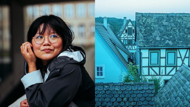 Das Logo des Podcasts "Auf Heimatsuche" zeigt die Autorin Anh Tran in einer Bildcollage mit einem Fachwerkhaus