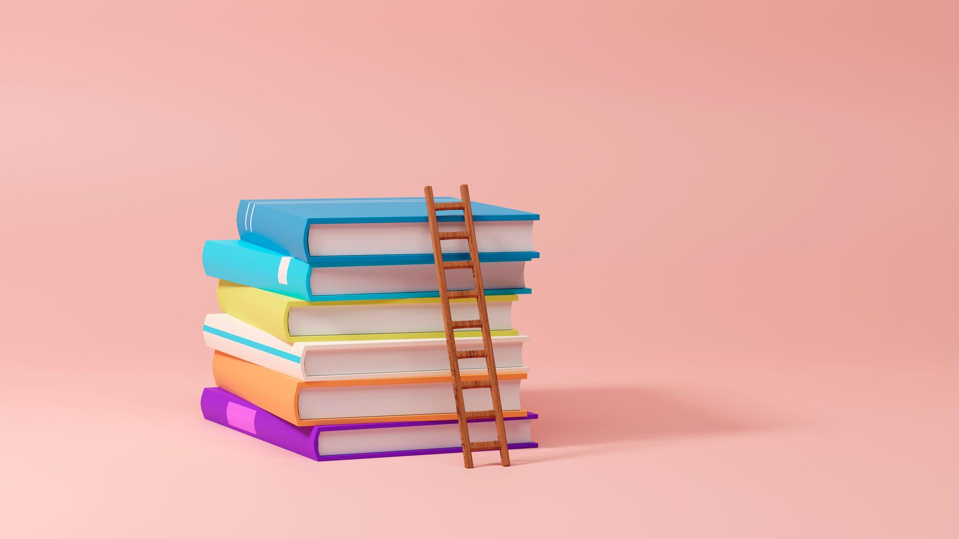 3D Illustration von farbigen Büchern, die aufeinander gestapelt auf einem rosa farbenen Hintergrund liegen. An ihnen lehnt eine kleine Leiter. 3D Illustration von farbigen Büchern, die aufeinander gestapelt auf einem rosa farbenen Hintergrund liegen. An ihnen lehnt eine kleine Leiter.