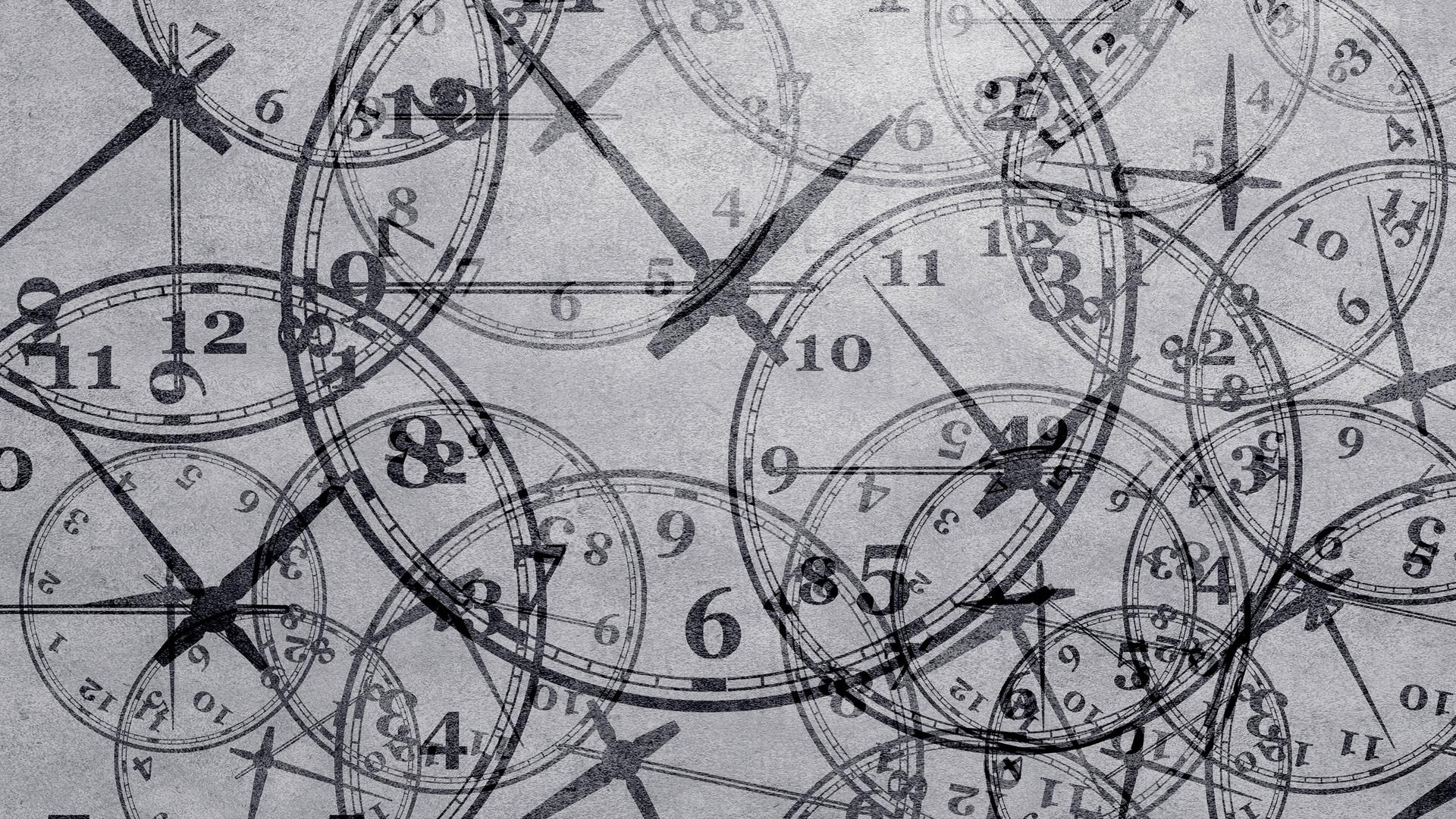 Illustration: Viele Uhren deren Zifferblätter übereinander liegen. Illustration: Viele Uhren deren Zifferblätter übereinander liegen.
