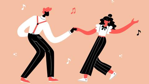  Illustration: Junges Paar tanzt Swing, Lindy Hop, Rock n Roll.