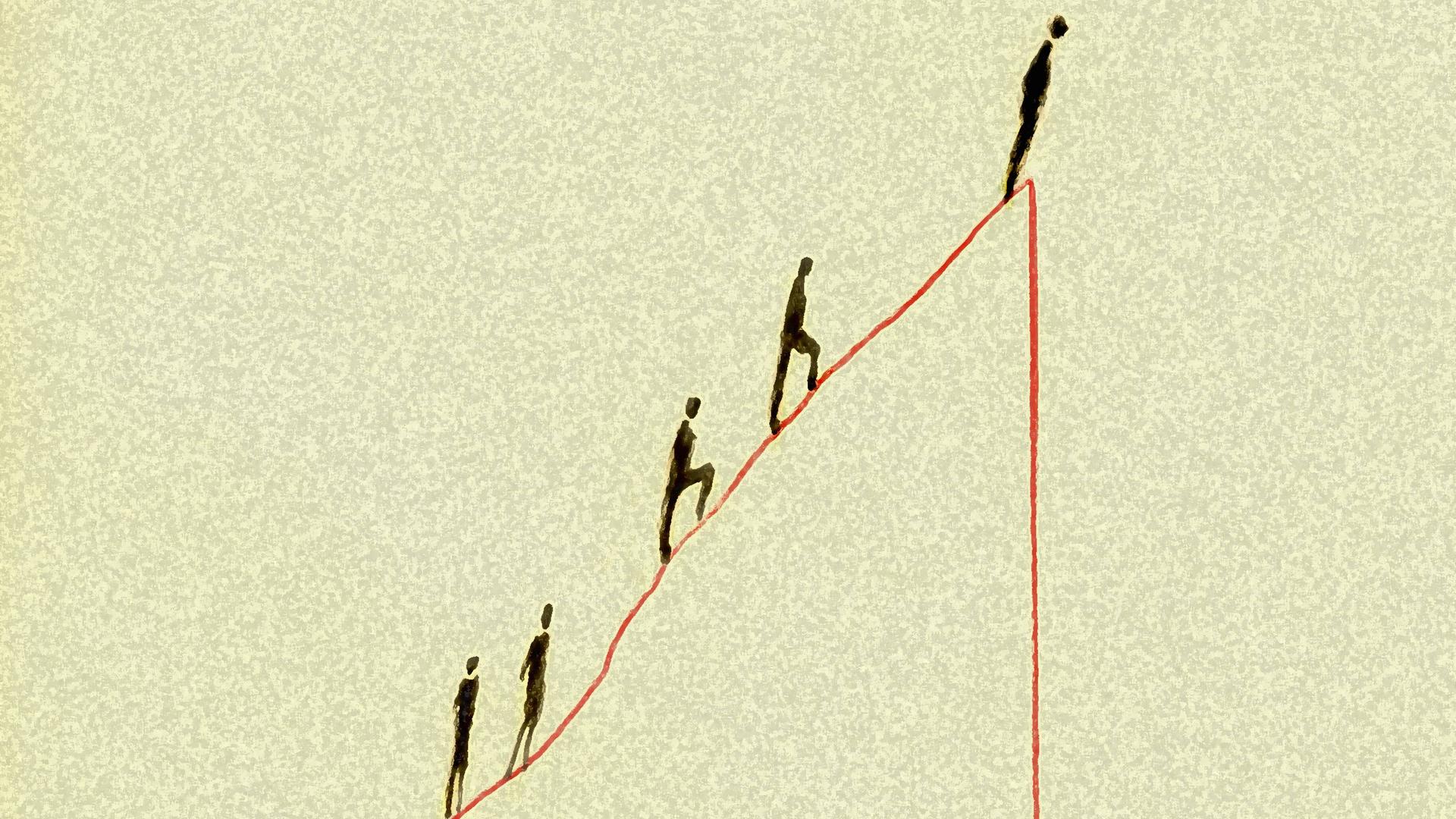 Illustration: Personen steigen auf einer roten Linie nach oben, bis sie die Spitze erreicht haben. Illustration: Personen steigen auf einer roten Linie nach oben, bis sie die Spitze erreicht haben.