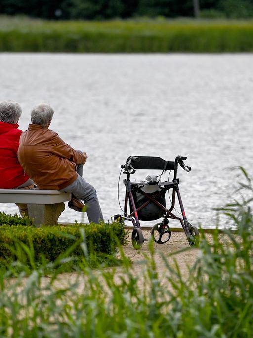 Ein älteres Paar blickt über einen See. Neben ihnen steht ein Rolllator.