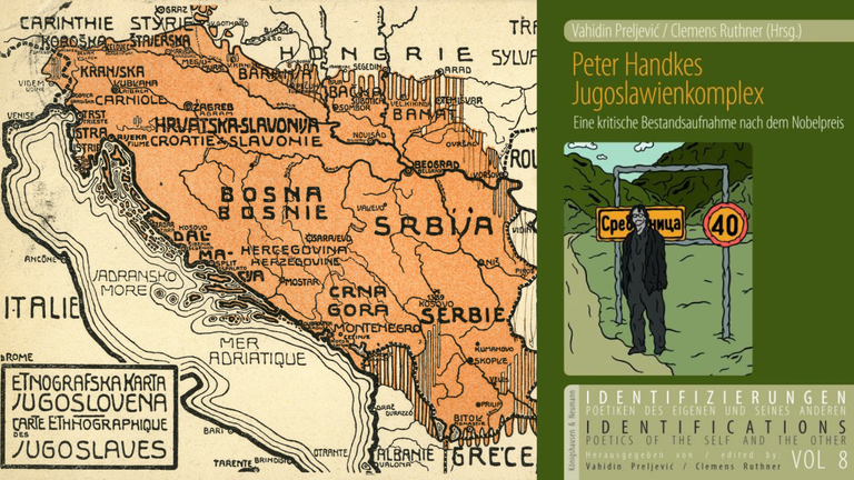 Das Buchcover von Vahidin Preljević (Hrsg.)/ Clemens Ruthner (Hrsg.): „Peter Handkes Jugoslawienkomplex. Eine kritische Bestandsaufnahme nach dem Nobelpreis“ vor einer alten "Jugoslawienkarte"
Das Buchcover von Vahidin Preljević (Hrsg.)/ Clemens Ruthner (Hrsg.): „Peter Handkes Jugoslawienkomplex. Eine kritische Bestandsaufnahme nach dem Nobelpreis“ vor einer alten "Jugoslawienkarte"