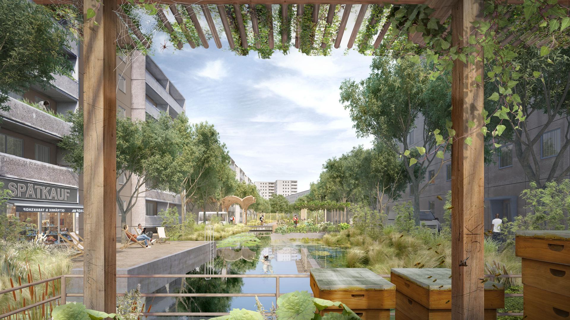 Illustration einer begrünten Straße in der Stadt Illustration einer begrünten Straße in der Stadt