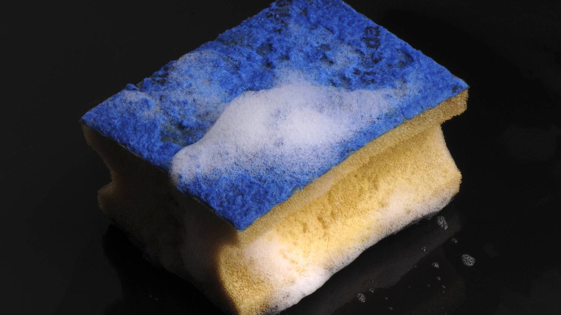 Spülschwamm mit blauer Oberfläche und Schaum Spülschwamm mit blauer Oberfläche und Schaum
