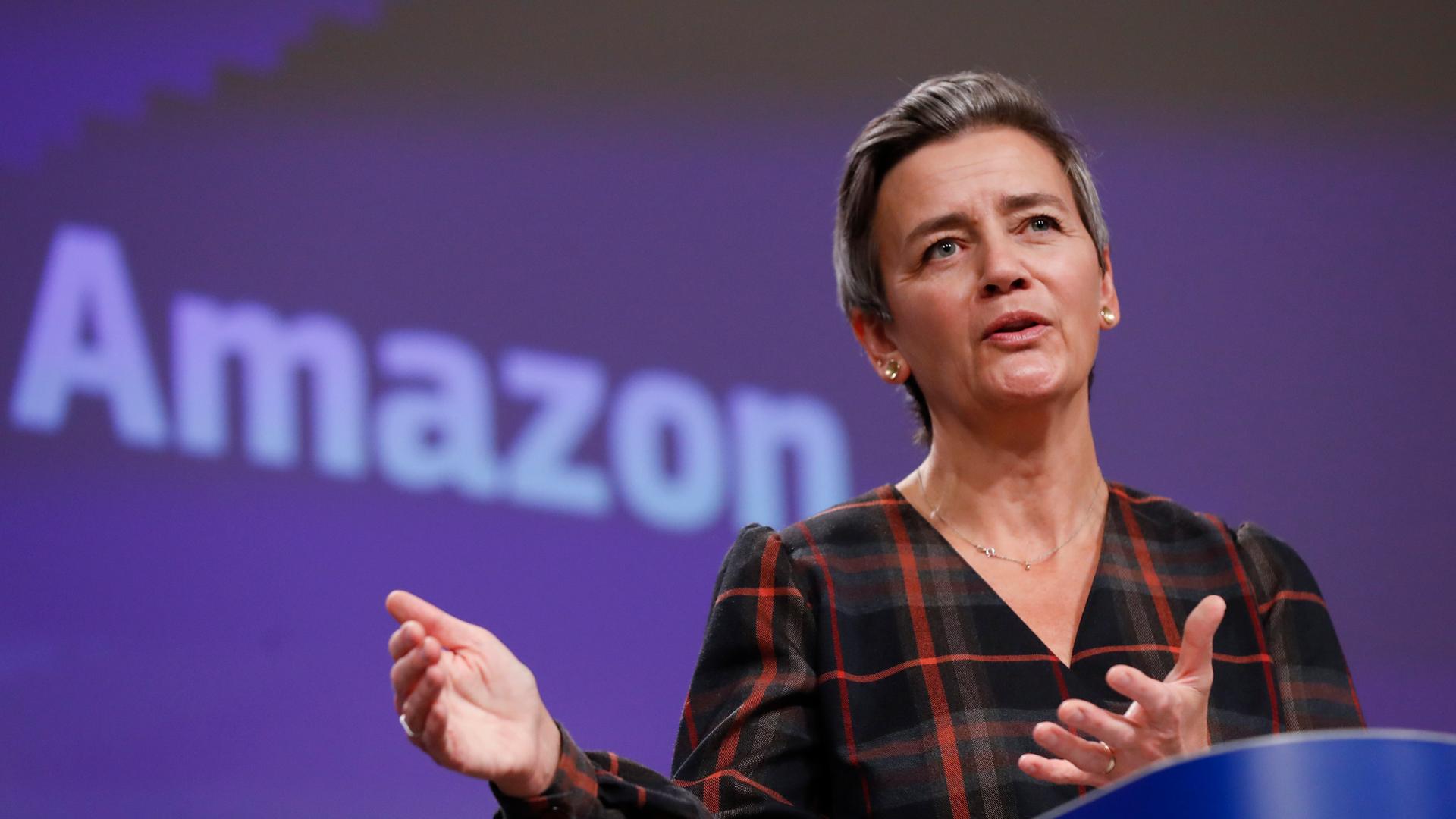 Die EU-Kommissarin Margrethe Vestager spricht auf einer Pressekonferenz Die EU-Kommissarin Margrethe Vestager spricht auf einer Pressekonferenz