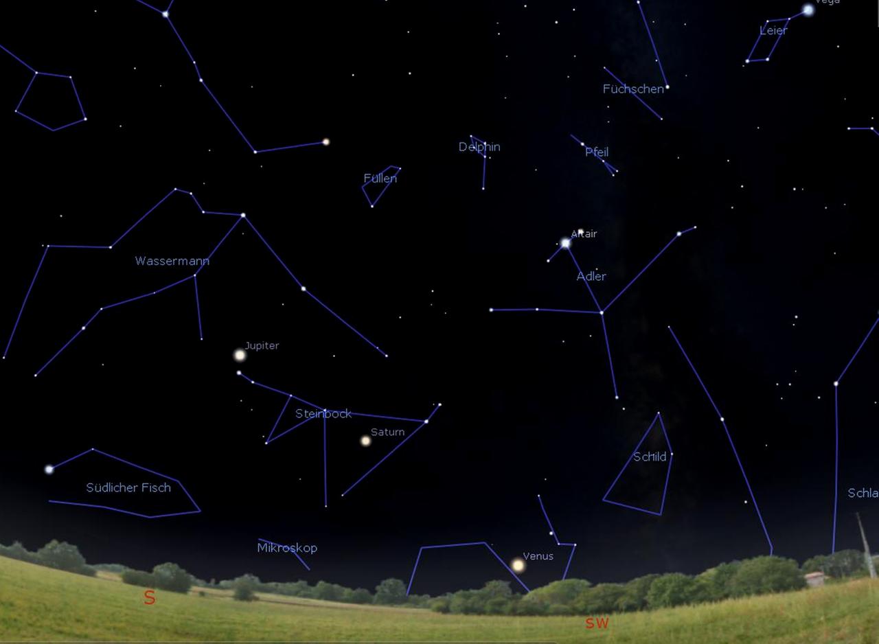 Der Delfin leuchtet jetzt abends im Südwesten, etwas links oberhalb von Atair im Adler. Der Delfin leuchtet jetzt abends im Südwesten, etwas links oberhalb von Atair im Adler.