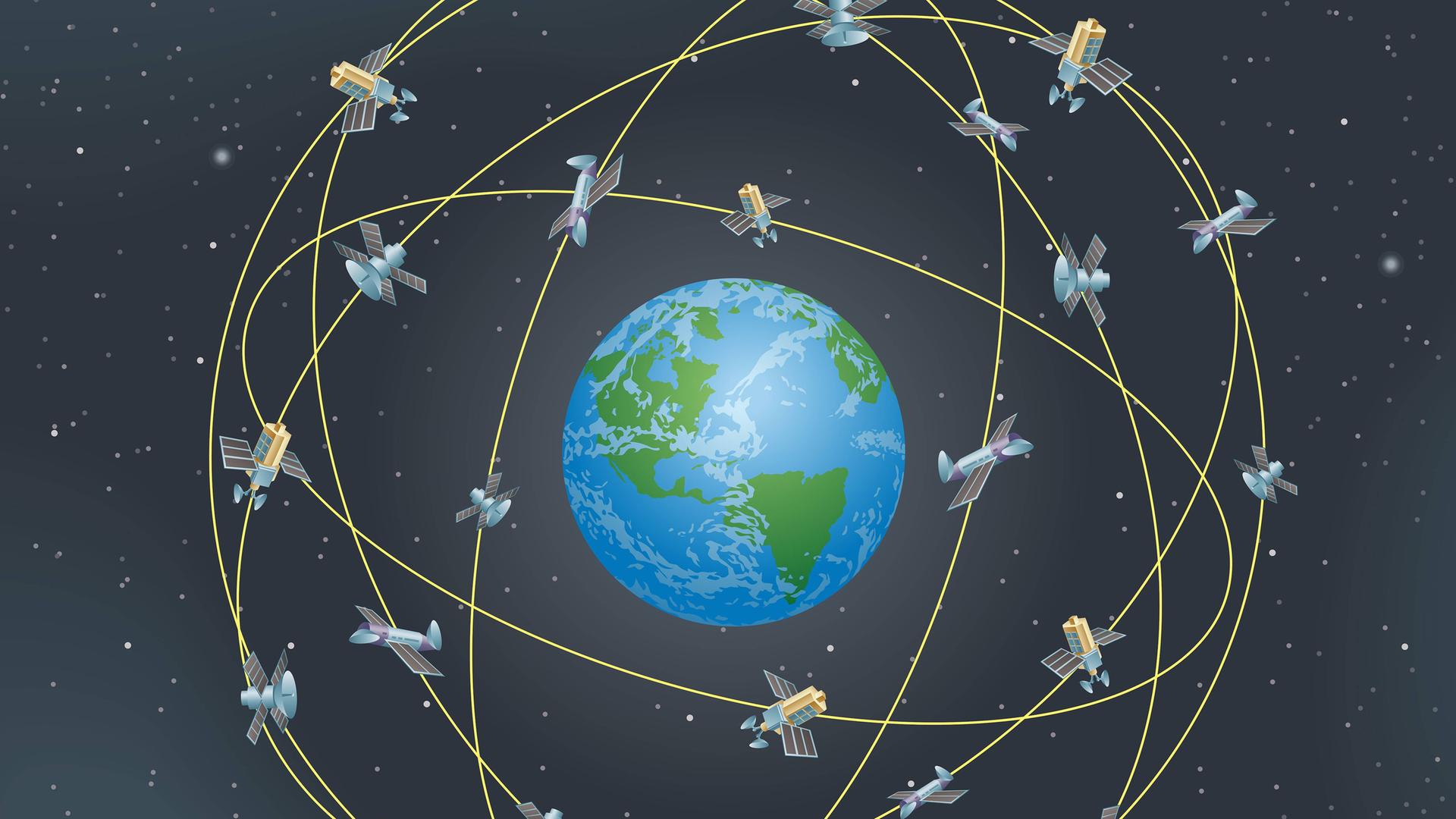 Viele verschiedene Satelliten umkreisen die Erde Viele verschiedene Satelliten umkreisen die Erde