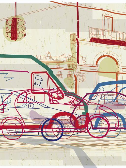 Illustration von Autos, die auf einer städtischen Strasse im Stau stehen, darüber eine Ampel.