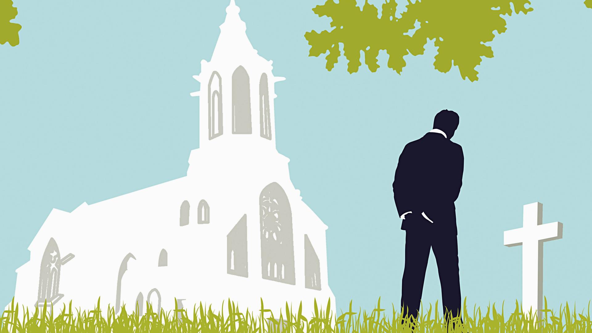 Illustration eines Mannes, der einen Friedhof besucht. Illustration eines Mannes, der einen Friedhof besucht.