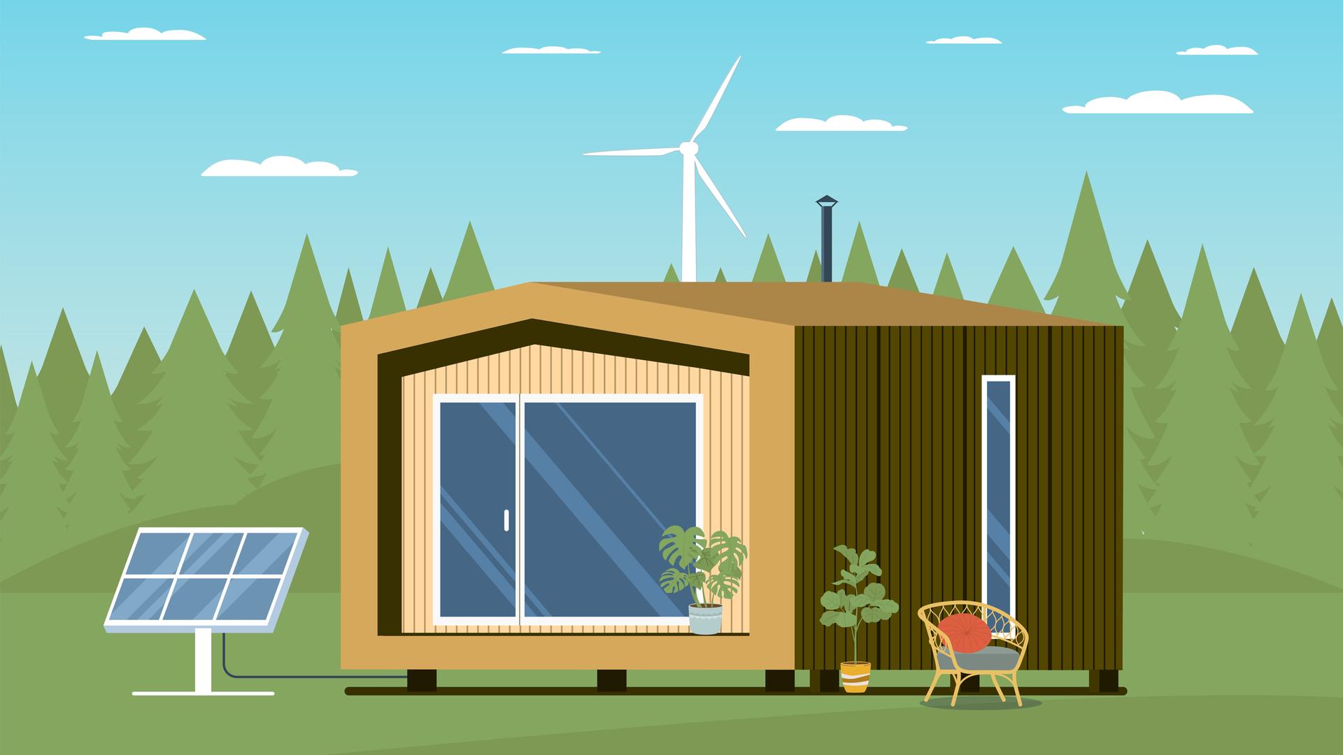 Illustration: Ein tiny house in grüner Natur. Illustration: Ein tiny house in grüner Natur.