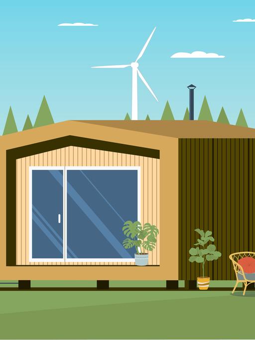 Illustration: Ein tiny house in grüner Natur.
